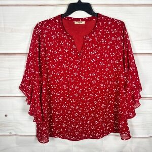Timeson Top Womens XXL Red Print Chiffon Blouse Ruffle Sleeve Pullover Lined